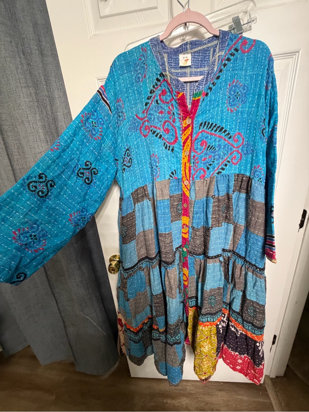 Kantha Boho Patchwork Button-Front Dress in Bright Turquoise